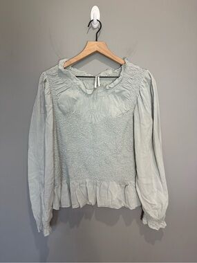 Anthropologie Smocked Peplum Blouse Sage Ruffle Puff Sleeve Top Size L